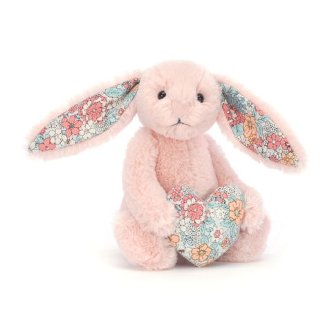 Jellycat, Królik pudrowy róż kwieciste uszy z serduszkiem 15cm